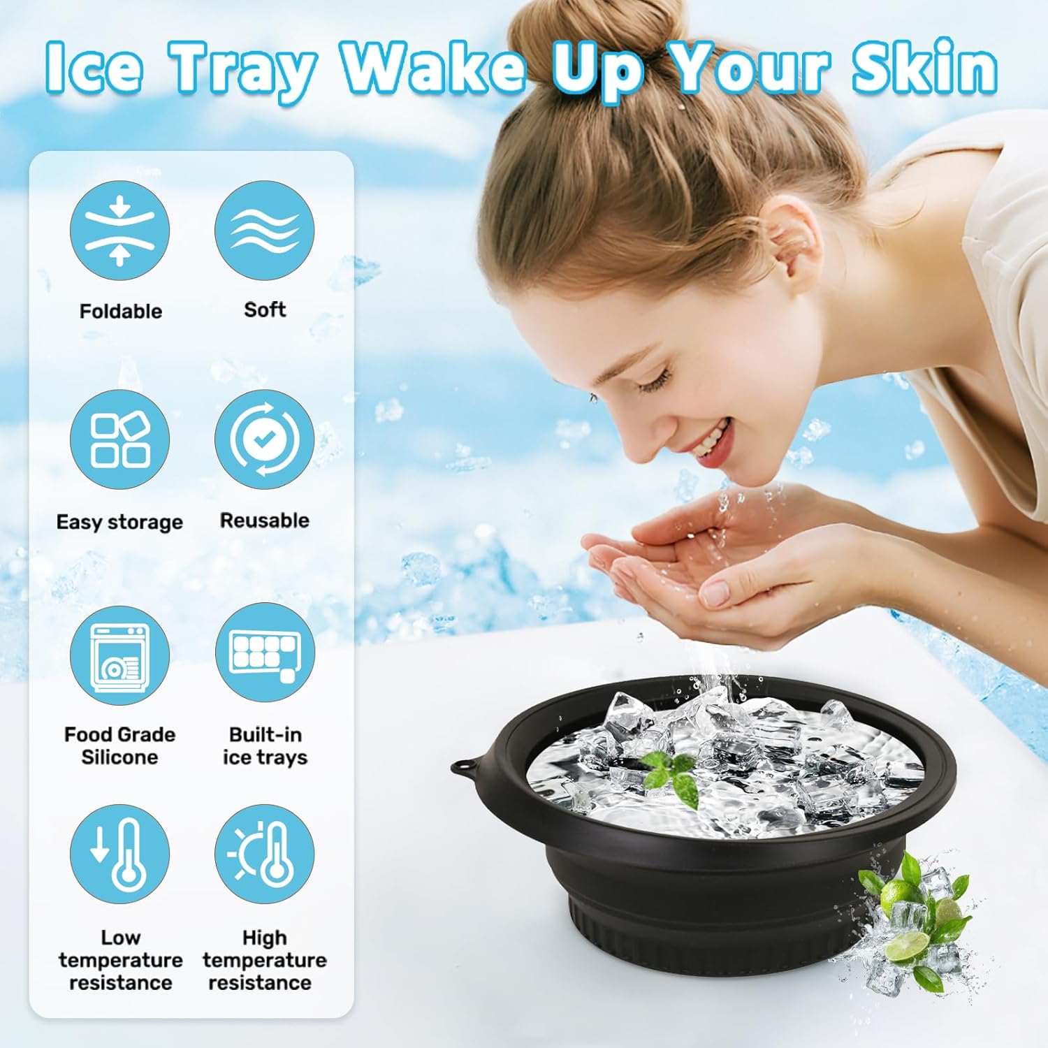 Foldable Silicone Facial Ice Bath Bowl, Ice Face Bowl with Built-in Ice Tray