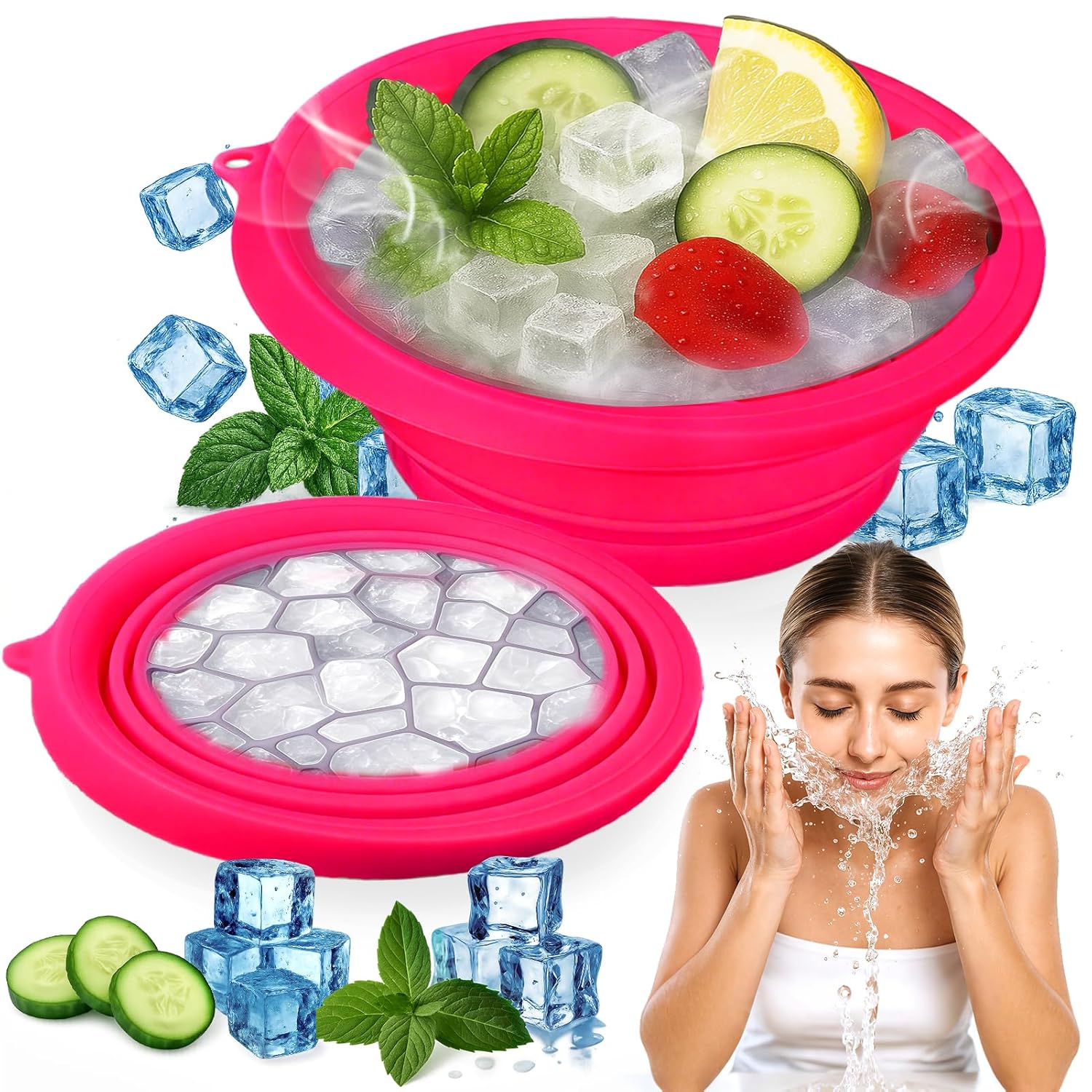 Foldable Silicone Facial Ice Bath Bowl, Ice Face Bowl with Built-in Ice Tray