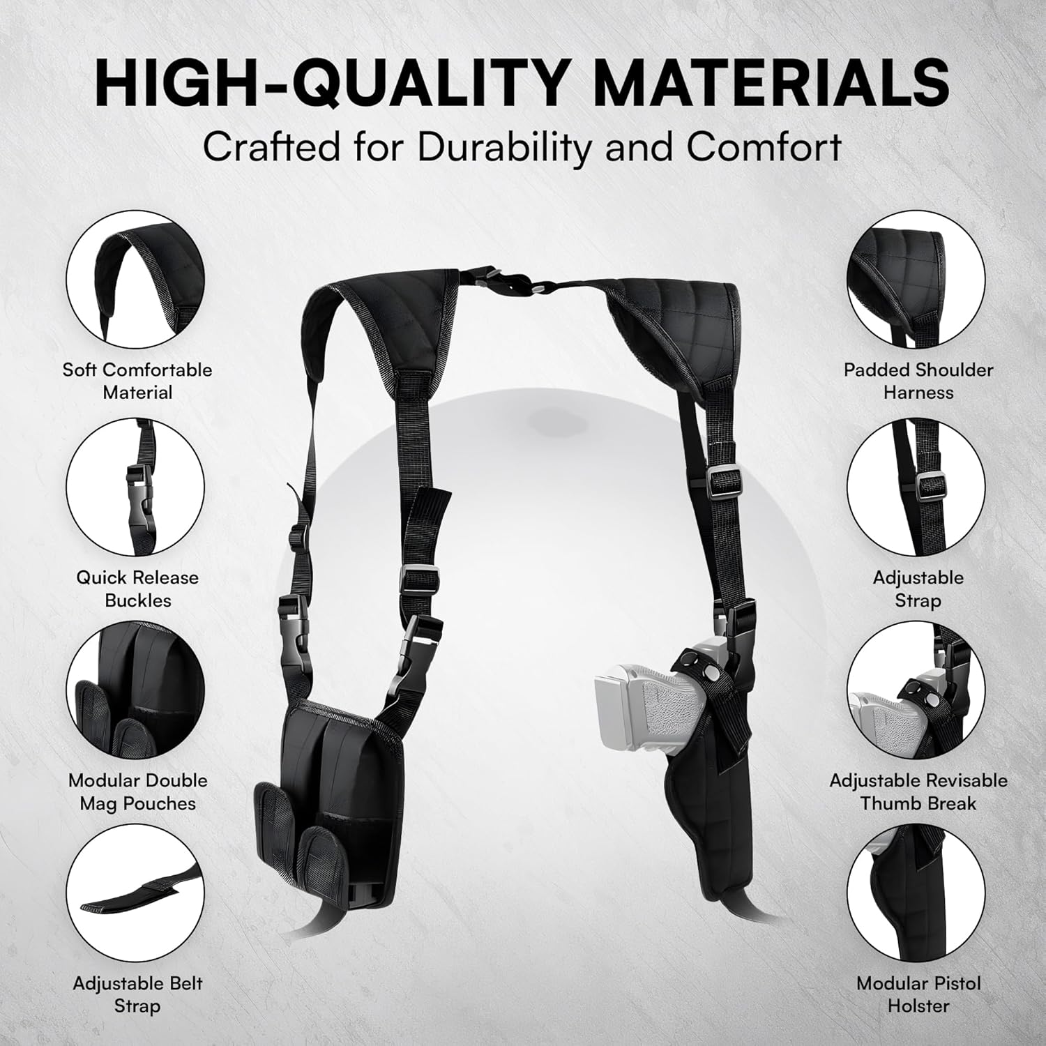 Baldman Shoulder Holster with Vertical Holster & Double Magazine Pouch, Adjustable Universal Fit