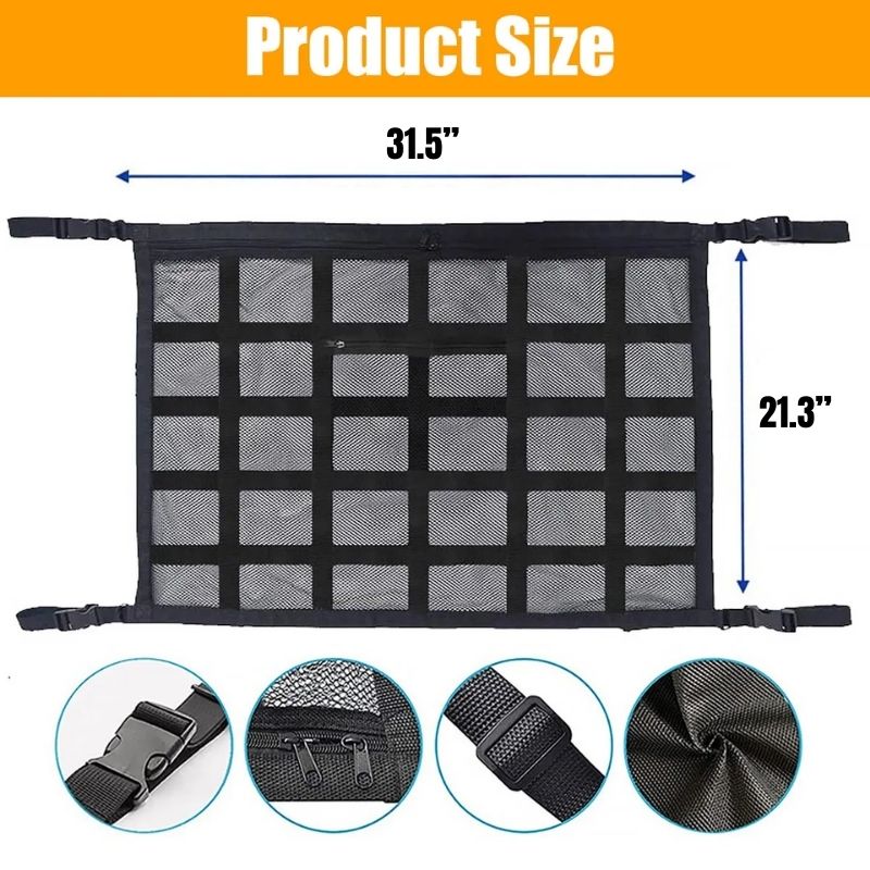 Car Ceiling Cargo Storage Net With Adjustable Double-Layer Mesh Organizer