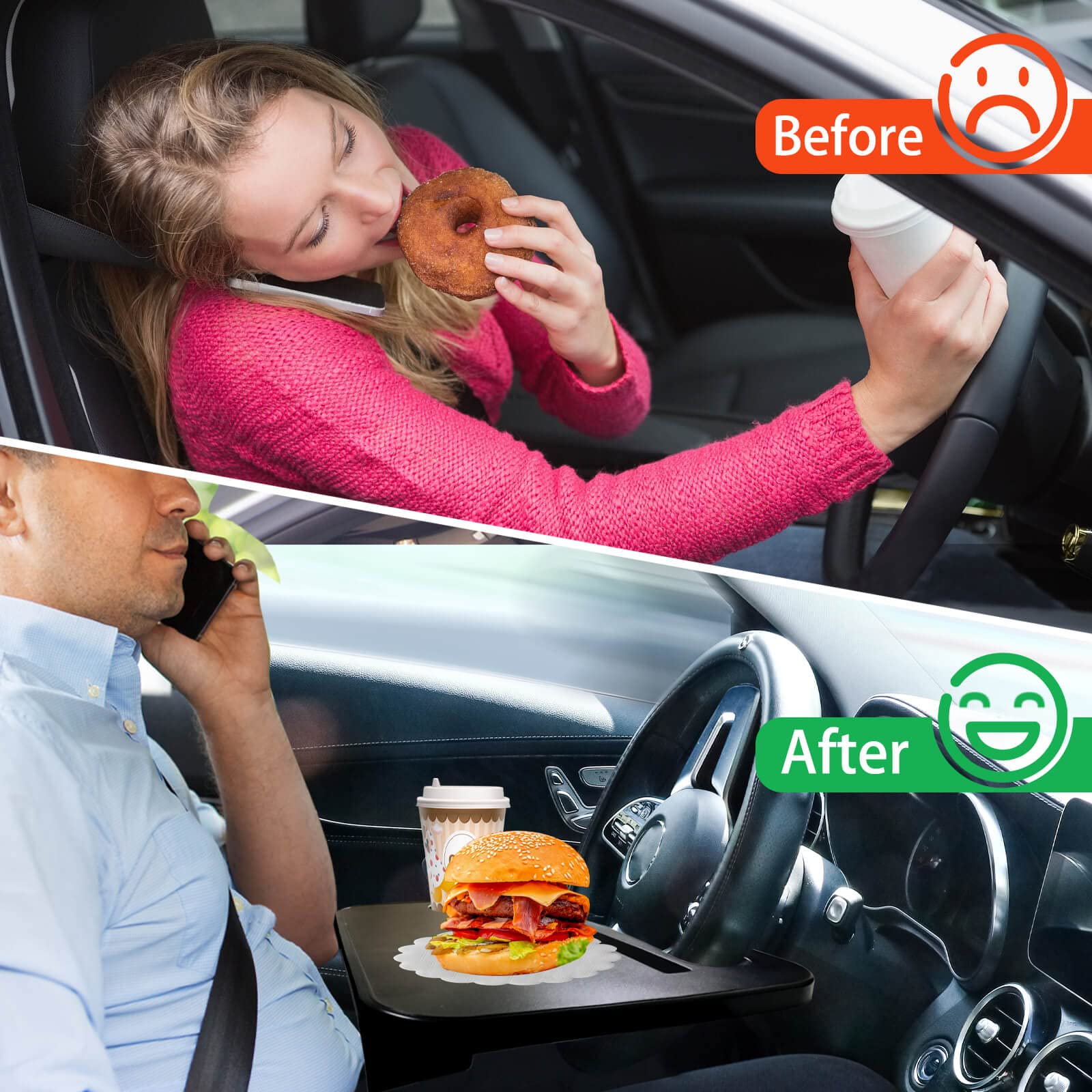 2 in 1 Multipurpose Car Steering Wheel Food Laptop Tray & Seat Gap Filler Organizer with Drinks Holder