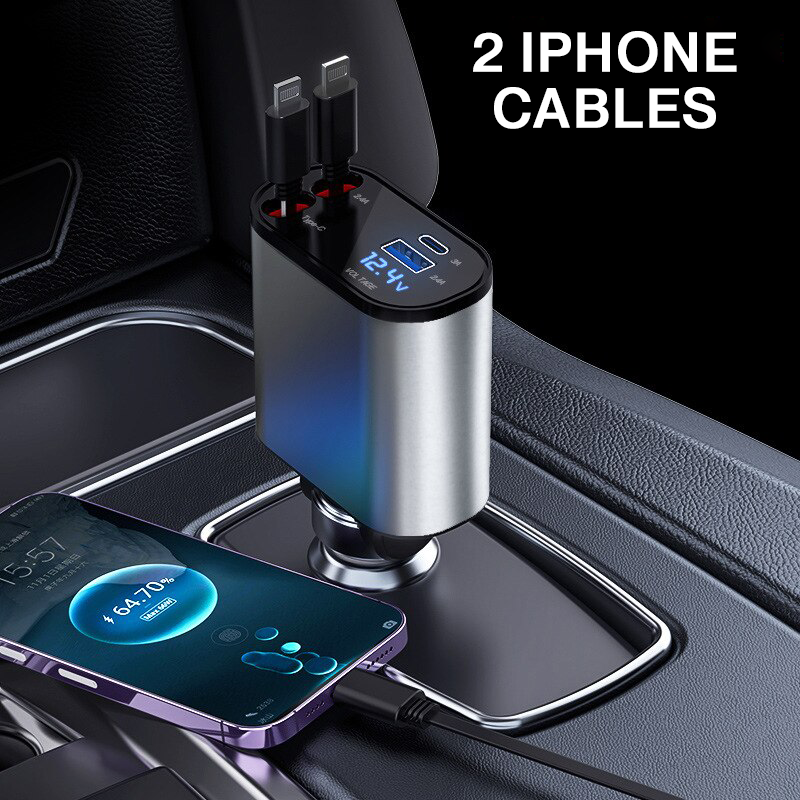 4 IN 1 100W Super Fast Cigarette Lighter Car Charger with Retractable Type C & IPhone Cables