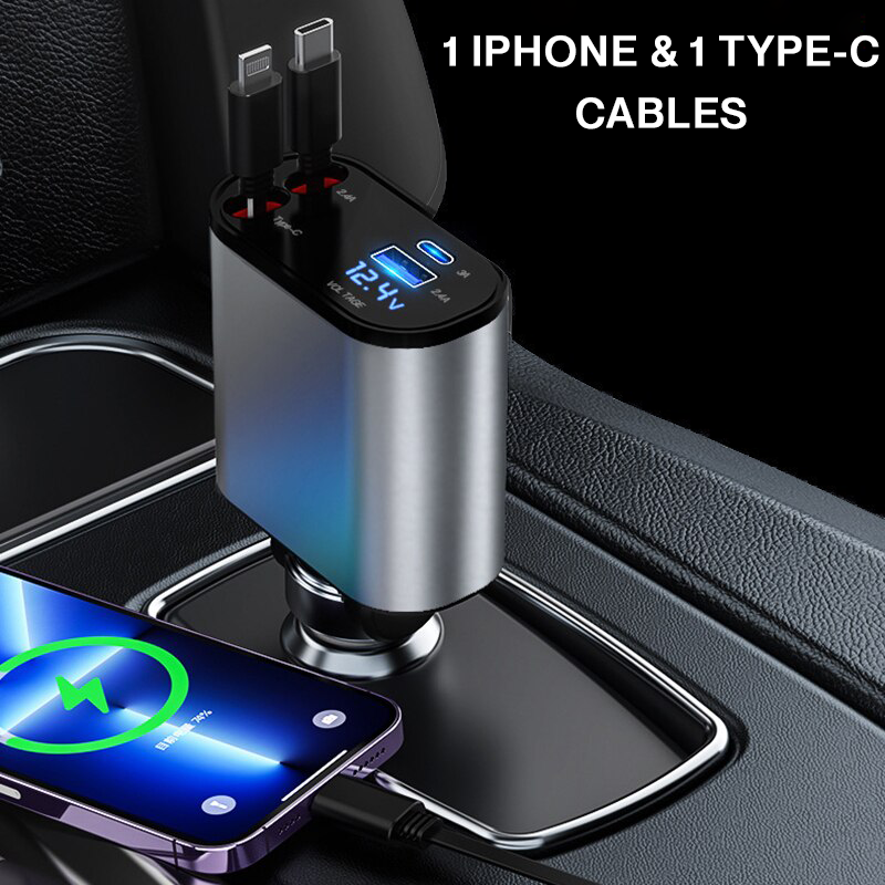 4 IN 1 100W Super Fast Cigarette Lighter Car Charger with Retractable Type C & IPhone Cables