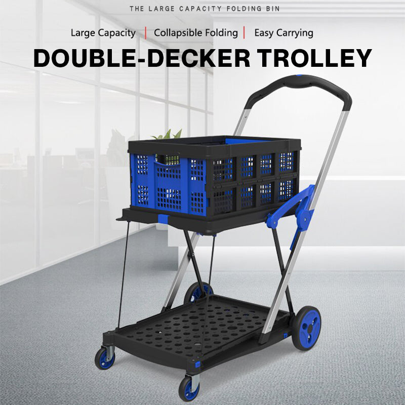 Multi-Purpose Foldable Double-Decker 4 Wheels Plastic Shopping Cart Trolley with Basket