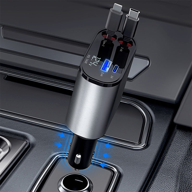 4 IN 1 100W Super Fast Cigarette Lighter Car Charger with Retractable Type C & IPhone Cables