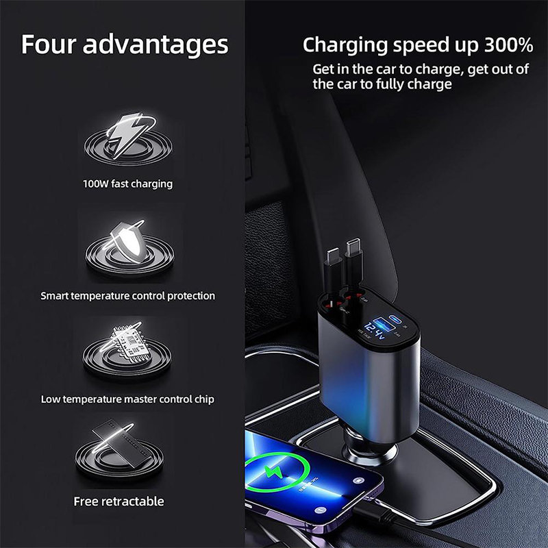 4 IN 1 100W Super Fast Cigarette Lighter Car Charger with Retractable Type C & IPhone Cables