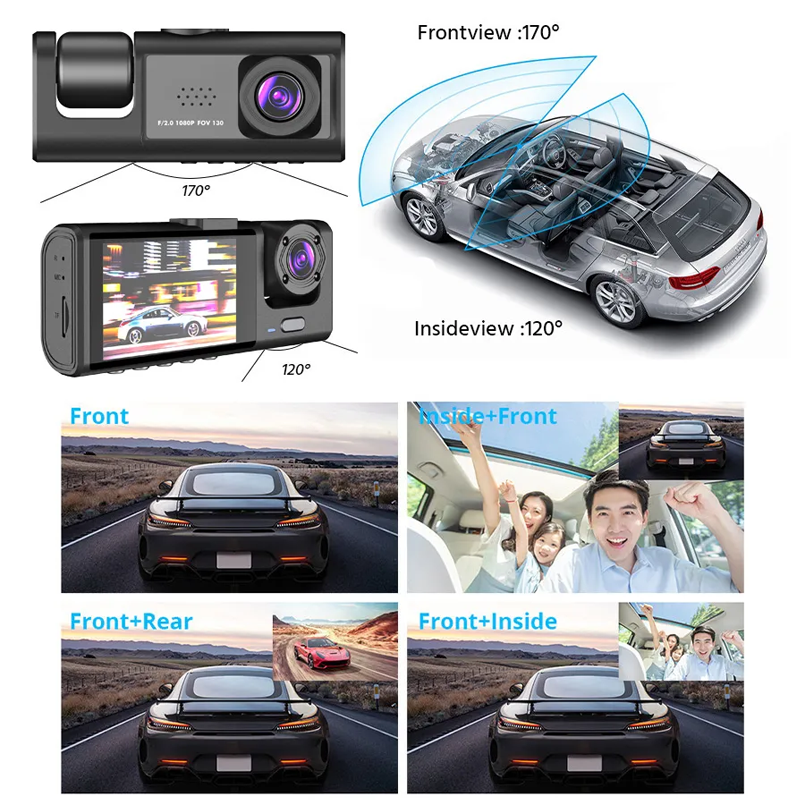 3 Channel Rear DVR HD 1080P Wide Angle Dashboard Cam for Night Vision, Loop Recording, Parking Recording