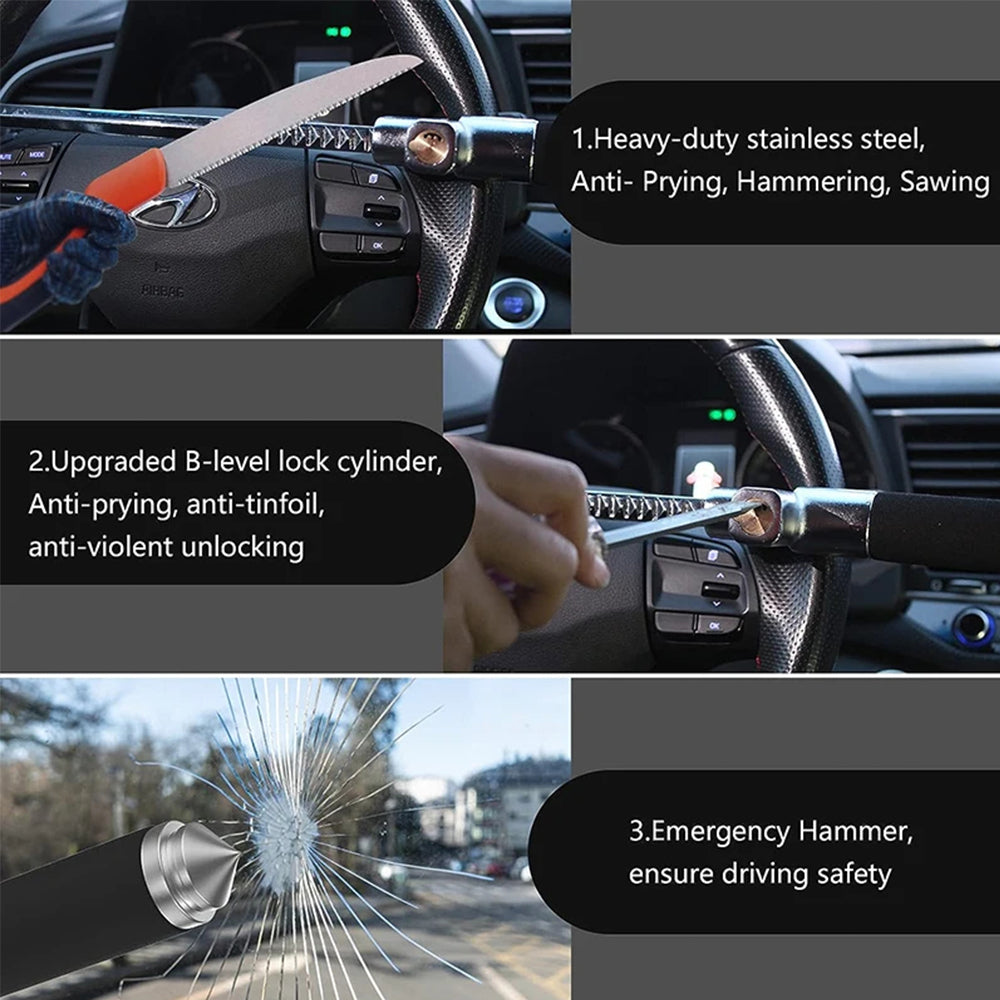 Universal Car Steering Wheel Retractable Anti-Theft Lock with Keys & Emergency Hammer