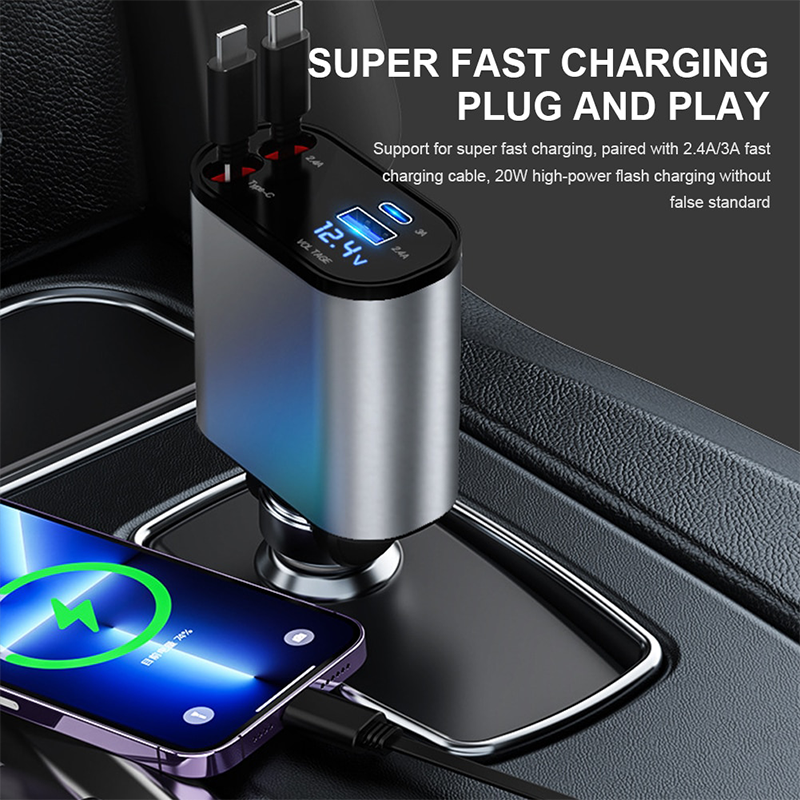 4 IN 1 100W Super Fast Cigarette Lighter Car Charger with Retractable Type C & IPhone Cables