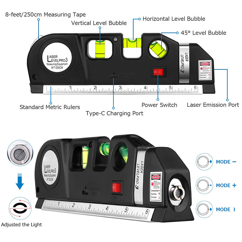 4 In 1 Multifunctional Laser Leveler Tool With 8ft/2.5m Standard Measure Tape Metric Rulers Metal Tripod