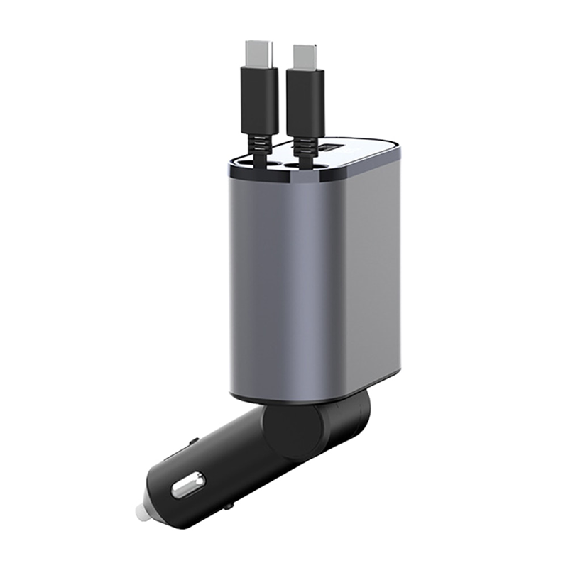 4 IN 1 100W Super Fast Cigarette Lighter Car Charger with Retractable Type C & IPhone Cables