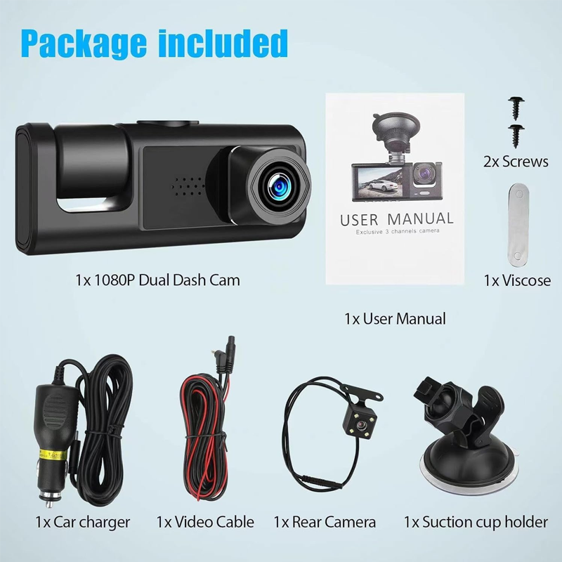 3 Channel Rear DVR HD 1080P Wide Angle Dashboard Cam for Night Vision, Loop Recording, Parking Recording