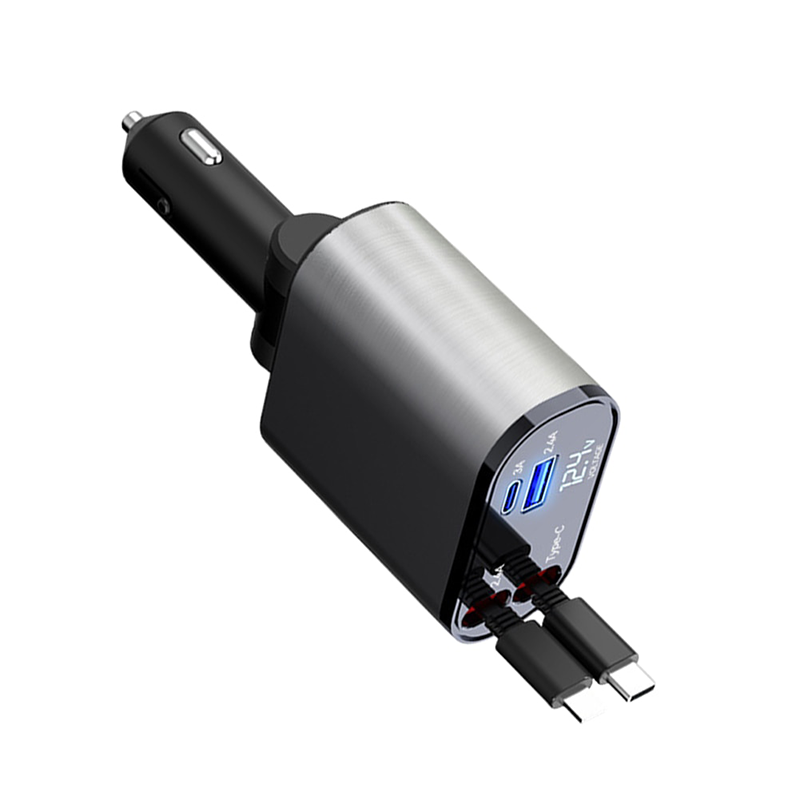 4 IN 1 100W Super Fast Cigarette Lighter Car Charger with Retractable Type C & IPhone Cables