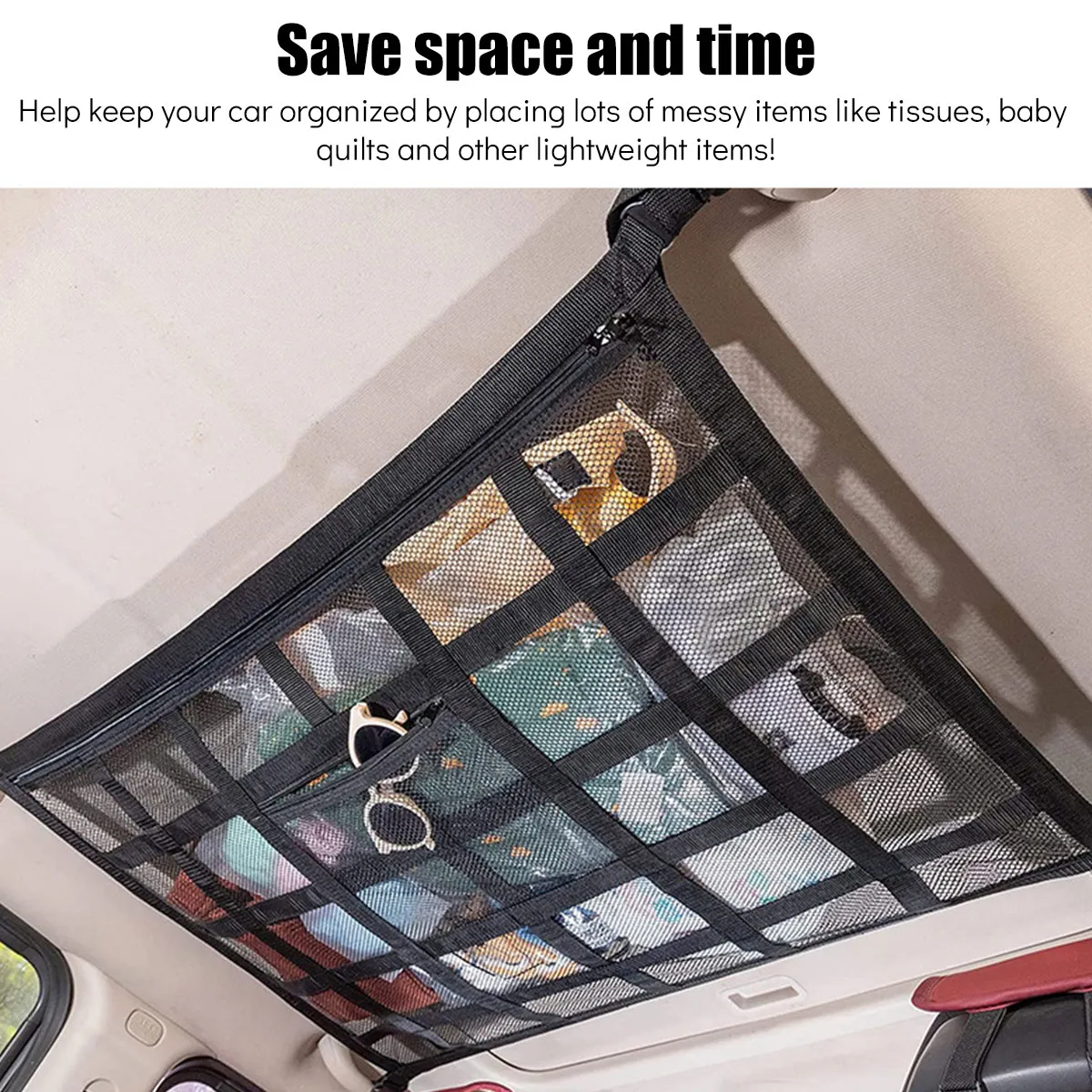 Car Ceiling Cargo Storage Net With Adjustable Double-Layer Mesh Organizer