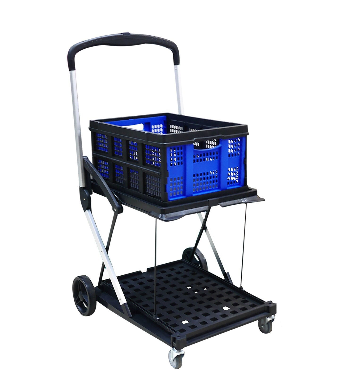 Multi-Purpose Foldable Double-Decker 4 Wheels Plastic Shopping Cart Trolley with Basket